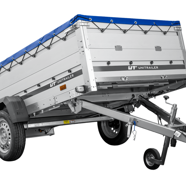 UNITRAILER Garden 264 KIPP ALU – PKW-Anhänger 264,1 × 125,6 cm – 750 kg – Einachser – flache blaue Plane – Zusatzbordwände: zusätzliche Vollwand-Stahlbordwände – Ansicht 1