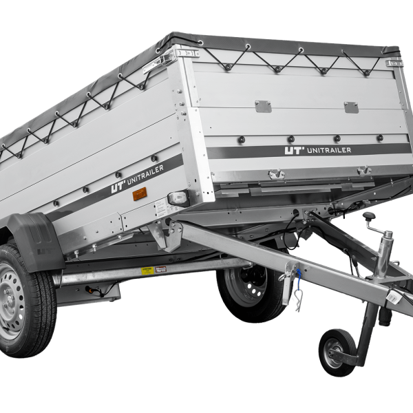 UNITRAILER Garden 264 KIPP ALU – PKW-Anhänger 264,1 × 125,6 cm – 750 kg – Einachser – flache graue Plane – Zusatzbordwände: zusätzliche Vollwand-Stahlbordwände – Ansicht 1