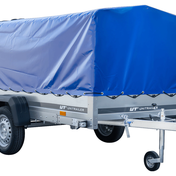 UNITRAILER Garden 264/R KIPP – PKW-Anhänger 264,1 × 125,6 cm – 750 kg – Einachser – mit Blattfederung – 80 cm hohe blaue Plane – Ansicht 1