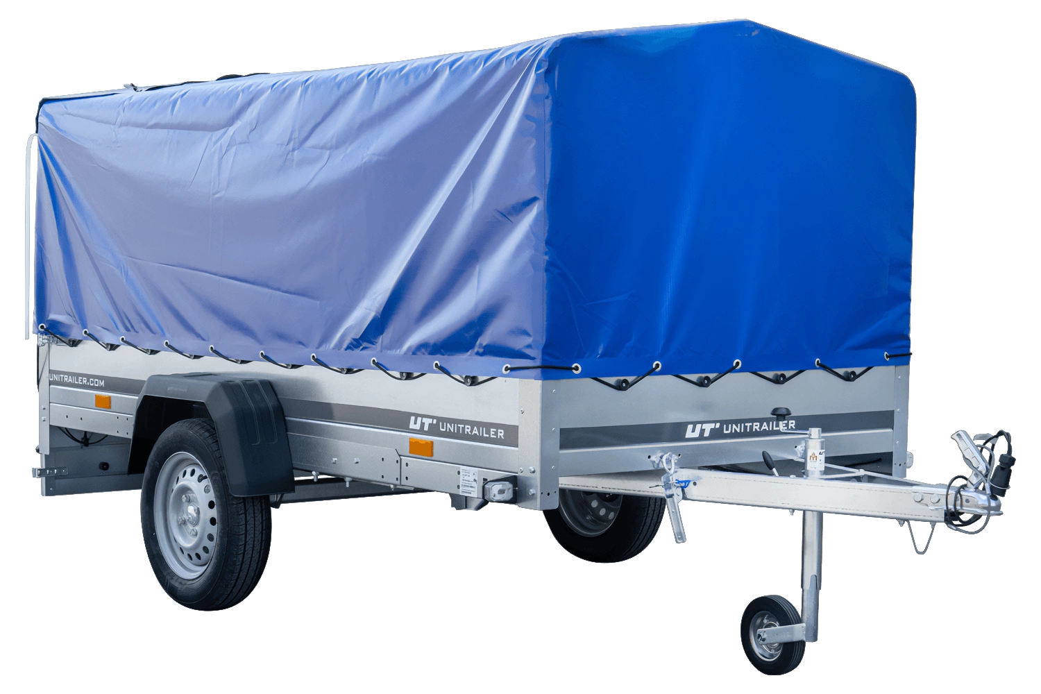 UNITRAILER Garden 264/R KIPP – PKW-Anhänger 264,1 × 125,6 cm – 750 kg – Einachser – mit Blattfederung – 80 cm hohe blaue Plane – Ansicht 1