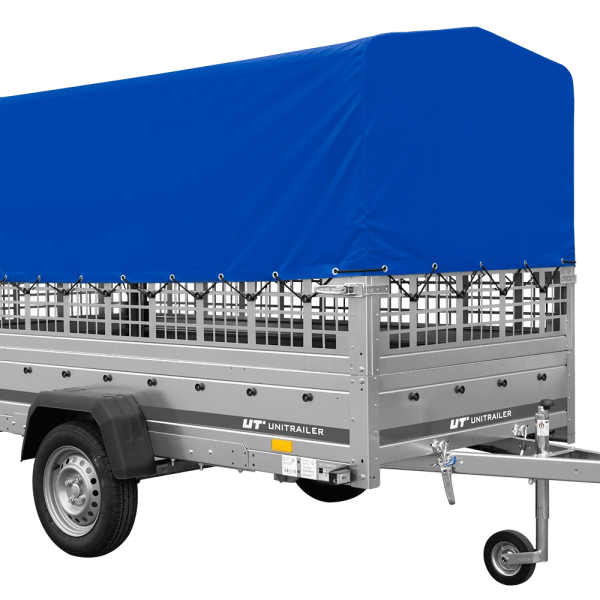 UNITRAILER Garden 264/R KIPP – PKW-Anhänger 264,1 × 125,6 cm – 750 kg – Einachser – mit Blattfederung – 80 cm hohe blaue Plane – Zusatzbordwände: Stahlgitterbordwände – Ansicht 1