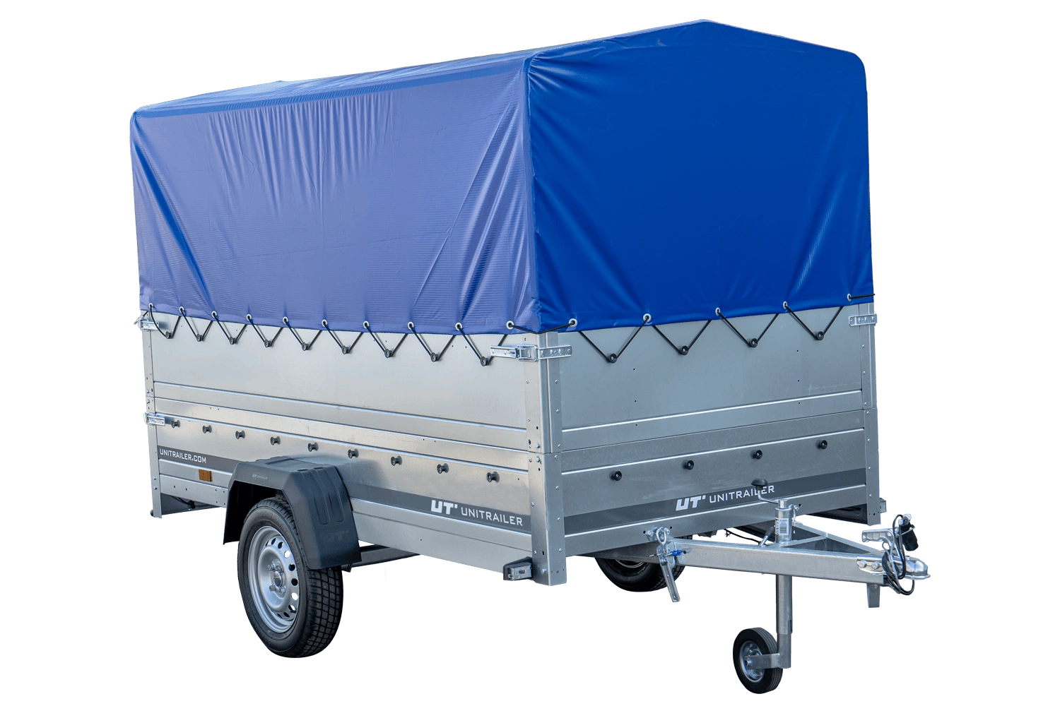 UNITRAILER Garden 264/R KIPP – PKW-Anhänger 264,1 × 125,6 cm – 750 kg – Einachser – mit Blattfederung – 80 cm hohe blaue Plane – Zusatzbordwände: zusätzliche Vollwand-Stahlbordwände – Ansicht 1