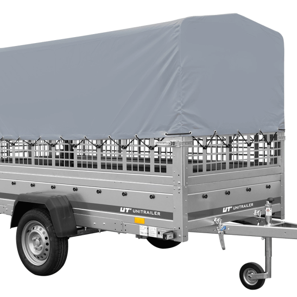 UNITRAILER Garden 264/R KIPP – PKW-Anhänger 264,1 × 125,6 cm – 750 kg – Einachser – mit Blattfederung – 80 cm hohe graue Plane – Zusatzbordwände: Stahlgitterbordwände – Ansicht 1