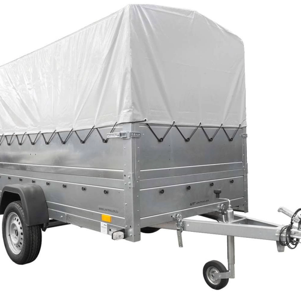 UNITRAILER Garden 264/R KIPP – PKW-Anhänger 264,1 × 125,6 cm – 750 kg – Einachser – mit Blattfederung – 80 cm hohe graue Plane – Zusatzbordwände: zusätzliche Vollwand-Stahlbordwände – Ansicht 1