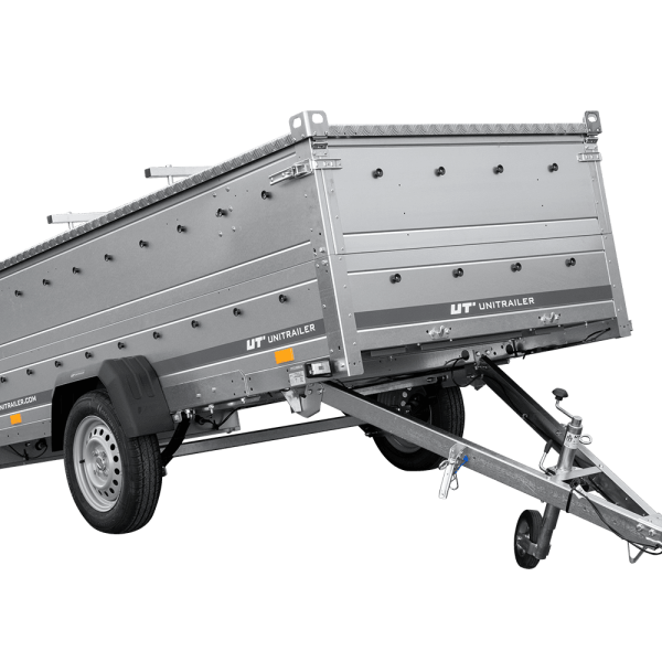 UNITRAILER Garden 264/R KIPP – PKW-Anhänger 264,1 × 125,6 cm – 750 kg – Einachser – mit Blattfederung – Aluminiumhaube – Zusatzbordwände: zusätzliche Vollwand-Stahlbordwände – Ansicht 1