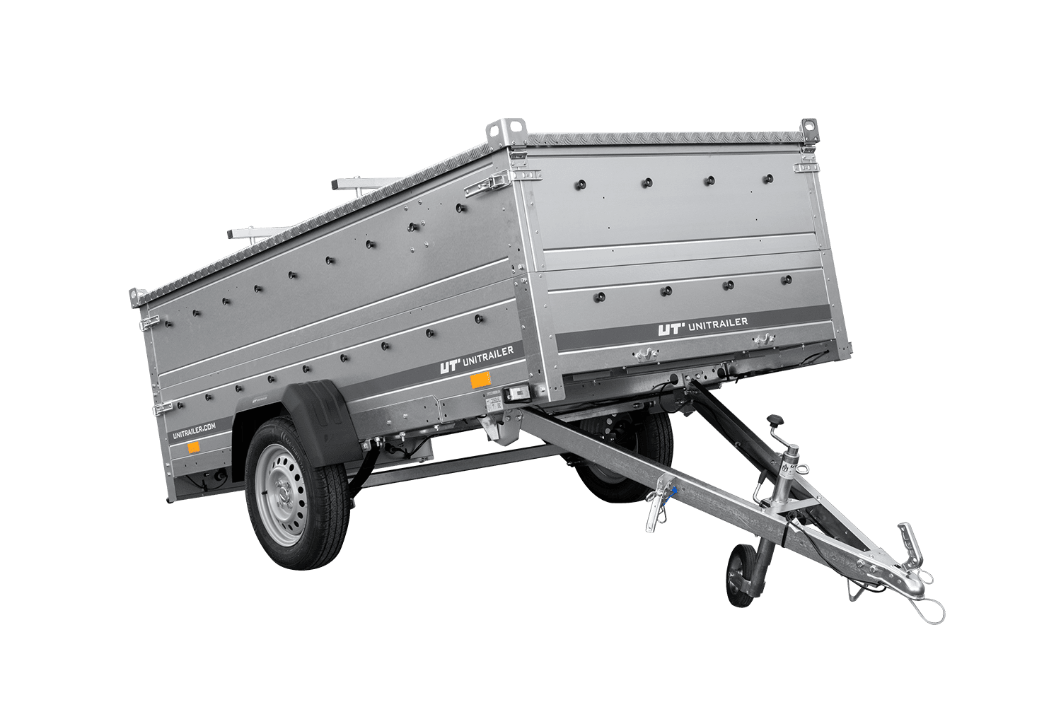 UNITRAILER Garden 264/R KIPP – PKW-Anhänger 264,1 × 125,6 cm – 750 kg – Einachser – mit Blattfederung – Aluminiumhaube – Zusatzbordwände: zusätzliche Vollwand-Stahlbordwände – Ansicht 1