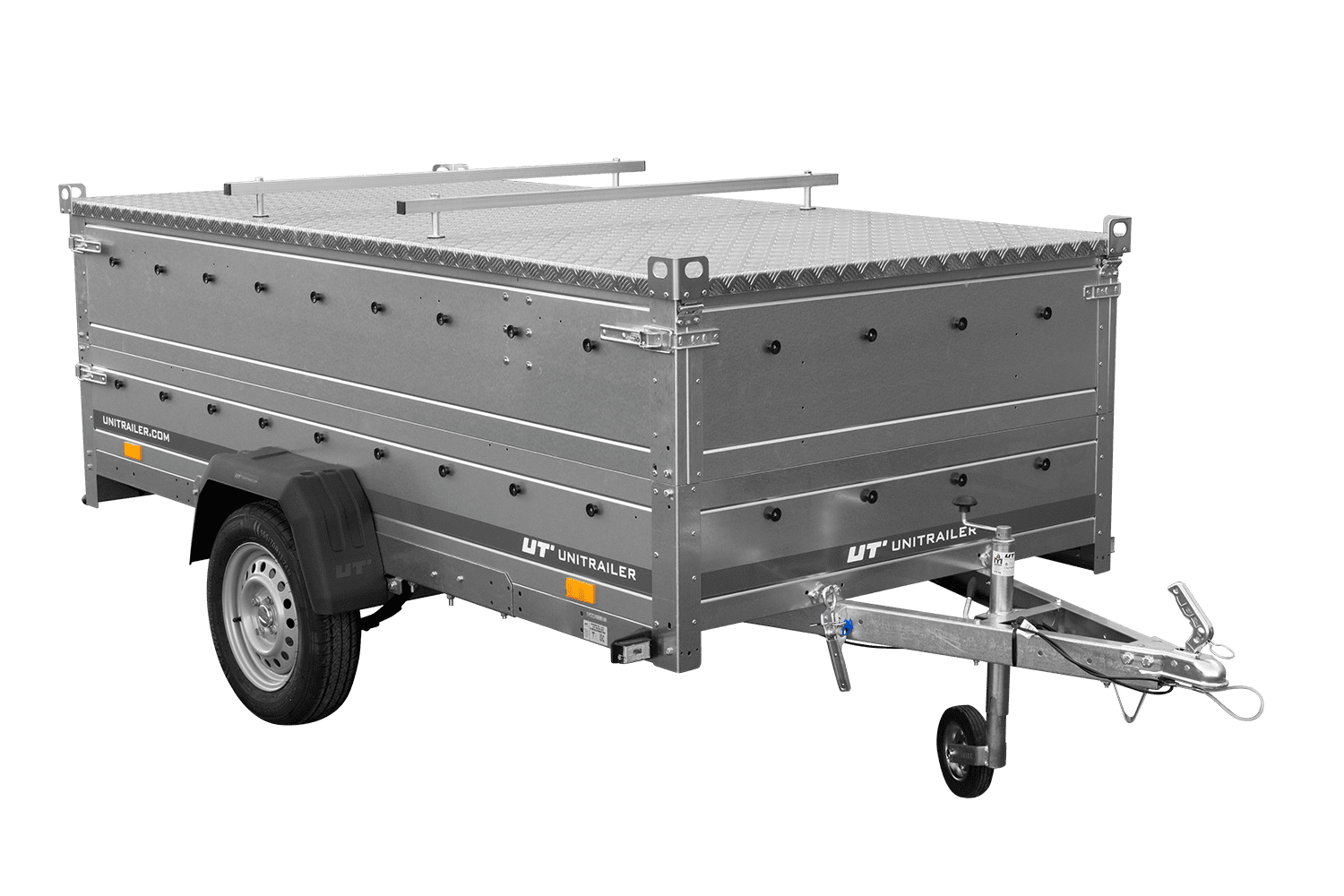 UNITRAILER Garden 264/R KIPP – PKW-Anhänger 264,1 × 125,6 cm – 750 kg – Einachser – mit Blattfederung – Aluminiumhaube – Zusatzbordwände: zusätzliche Vollwand-Stahlbordwände – Ansicht 4