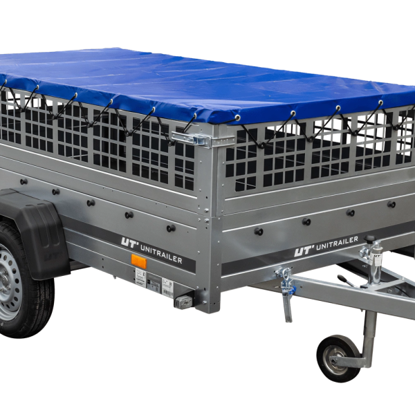 UNITRAILER Garden 264/R KIPP – PKW-Anhänger 264,1 × 125,6 cm – 750 kg – Einachser – mit Blattfederung – flache blaue Plane – Zusatzbordwände: Stahlgitterbordwände – mit Flachplanenträger – Ansicht 1