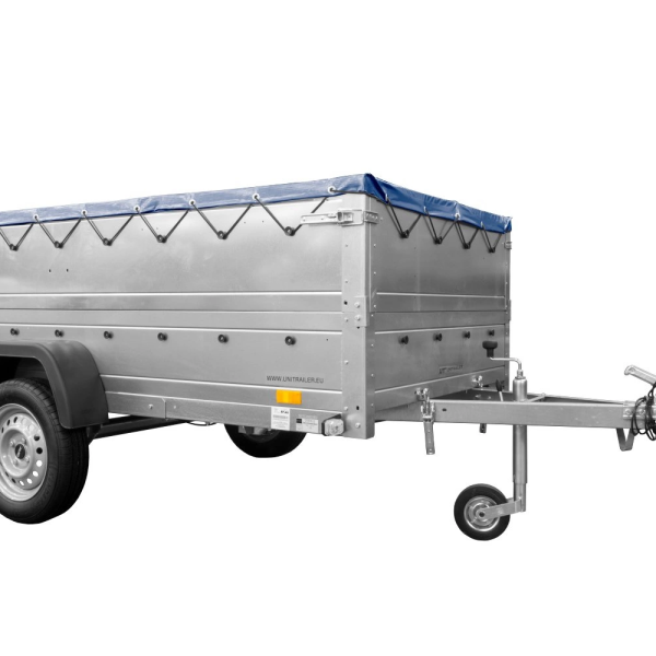 UNITRAILER Garden 264/R KIPP – PKW-Anhänger 264,1 × 125,6 cm – 750 kg – Einachser – mit Blattfederung – flache blaue Plane – Zusatzbordwände: zusätzliche Vollwand-Stahlbordwände – mit Flachplanenträger – Ansicht 1