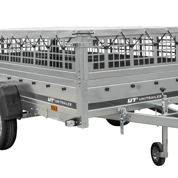 UNITRAILER Garden 264/R KIPP – PKW-Anhänger 264,1 × 125,6 cm – 750 kg – Einachser – mit Blattfederung – flache graue Plane – Zusatzbordwände: Stahlgitterbordwände – mit Flachplanenträger – Ansicht 1
