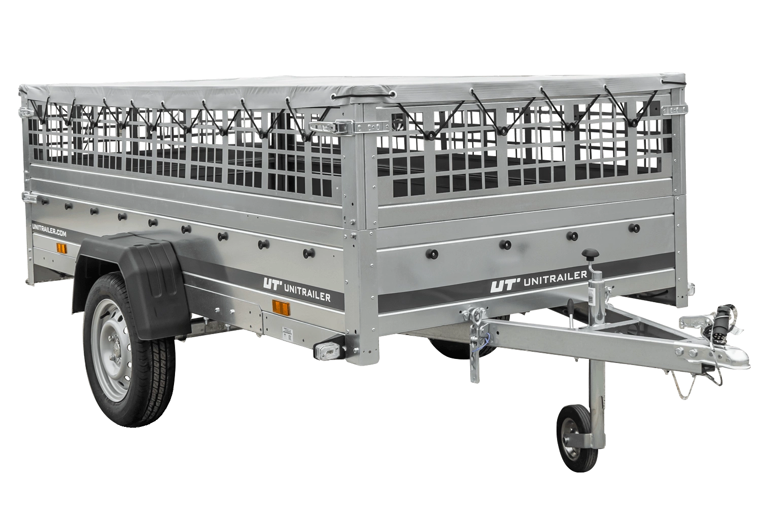 UNITRAILER Garden 264/R KIPP – PKW-Anhänger 264,1 × 125,6 cm – 750 kg – Einachser – mit Blattfederung – flache graue Plane – Zusatzbordwände: Stahlgitterbordwände – mit Flachplanenträger – Ansicht 1