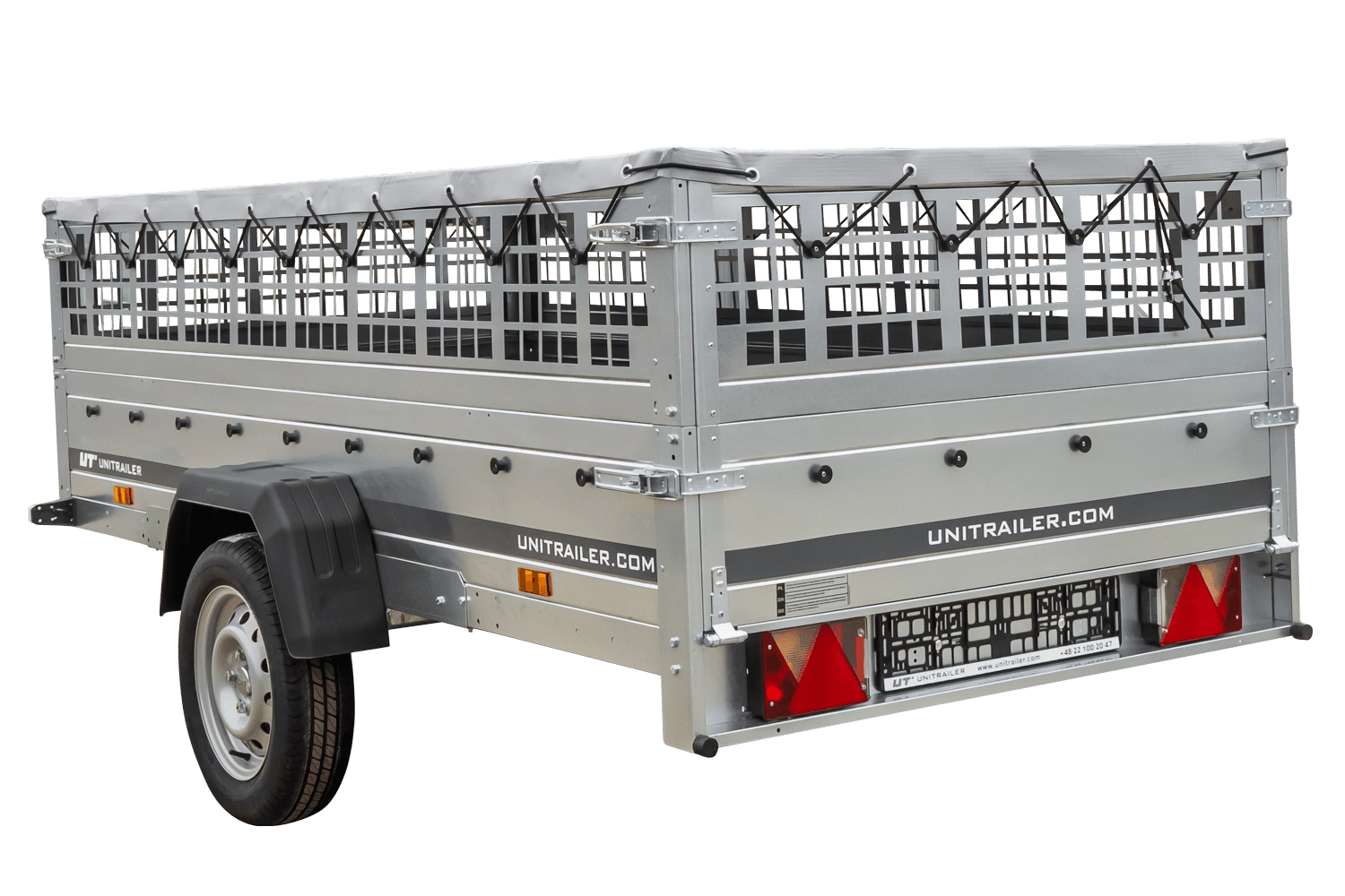 UNITRAILER Garden 264/R KIPP – PKW-Anhänger 264,1 × 125,6 cm – 750 kg – Einachser – mit Blattfederung – flache graue Plane – Zusatzbordwände: Stahlgitterbordwände – mit Flachplanenträger – Ansicht 5