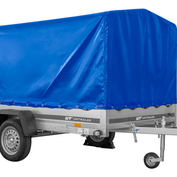 UNITRAILER Garden 265/R KIPP – PKW-Anhänger 264,3 × 149,9 cm – 750 kg – Einachser – mit Blattfederung – 110 cm hohe blaue Plane – Ansicht 1