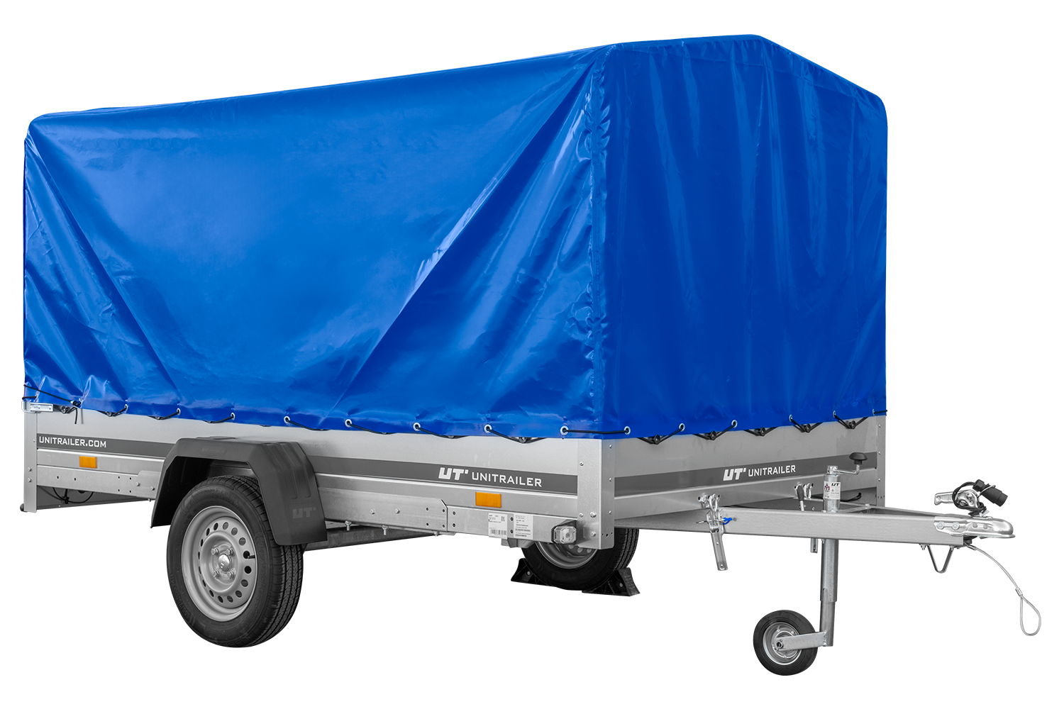 UNITRAILER Garden 265/R KIPP – PKW-Anhänger 264,3 × 149,9 cm – 750 kg – Einachser – mit Blattfederung – 110 cm hohe blaue Plane – Ansicht 1