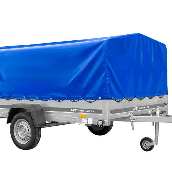 UNITRAILER Garden 265/R KIPP – PKW-Anhänger 264,3 × 149,9 cm – 750 kg – Einachser – mit Blattfederung – 80 cm hohe blaue Plane – Ansicht 1