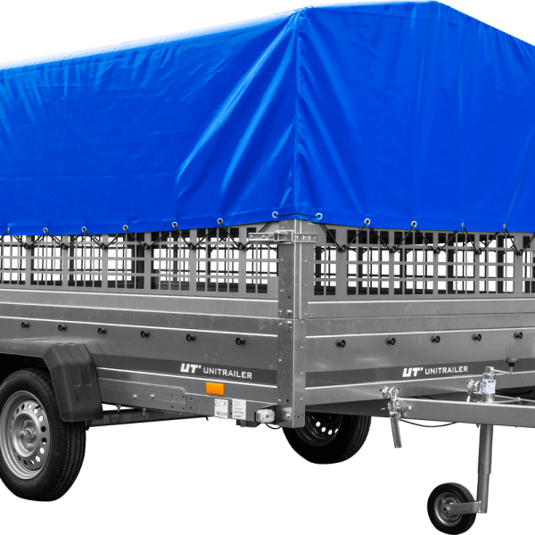 UNITRAILER Garden 265/R KIPP – PKW-Anhänger 264,3 × 149,9 cm – 750 kg – Einachser – mit Blattfederung – 80 cm hohe blaue Plane – Zusatzbordwände: Stahlgitterbordwände – Ansicht 1