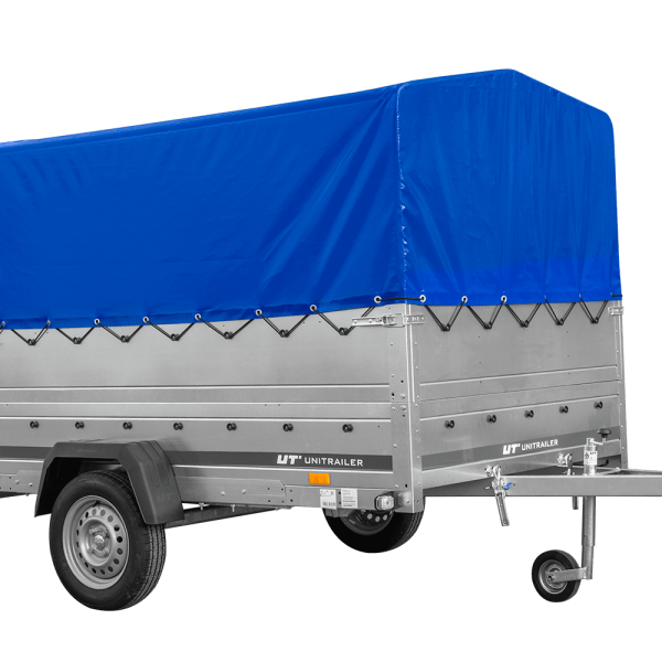 UNITRAILER Garden 265/R KIPP – PKW-Anhänger 264,3 × 149,9 cm – 750 kg – Einachser – mit Blattfederung – 80 cm hohe blaue Plane – Zusatzbordwände: zusätzliche Vollwand-Stahlbordwände – Ansicht 1