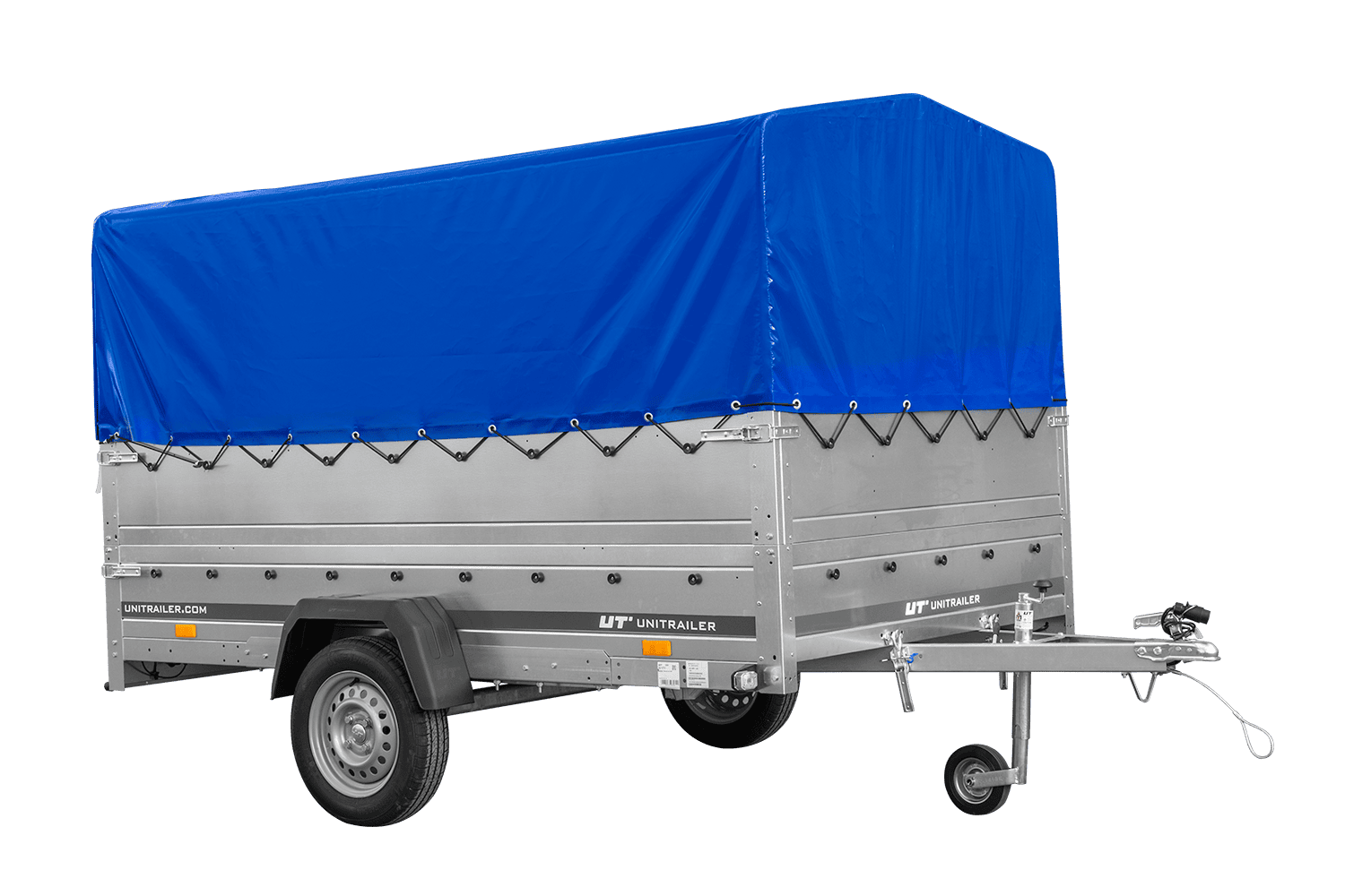 UNITRAILER Garden 265/R KIPP – PKW-Anhänger 264,3 × 149,9 cm – 750 kg – Einachser – mit Blattfederung – 80 cm hohe blaue Plane – Zusatzbordwände: zusätzliche Vollwand-Stahlbordwände – Ansicht 1