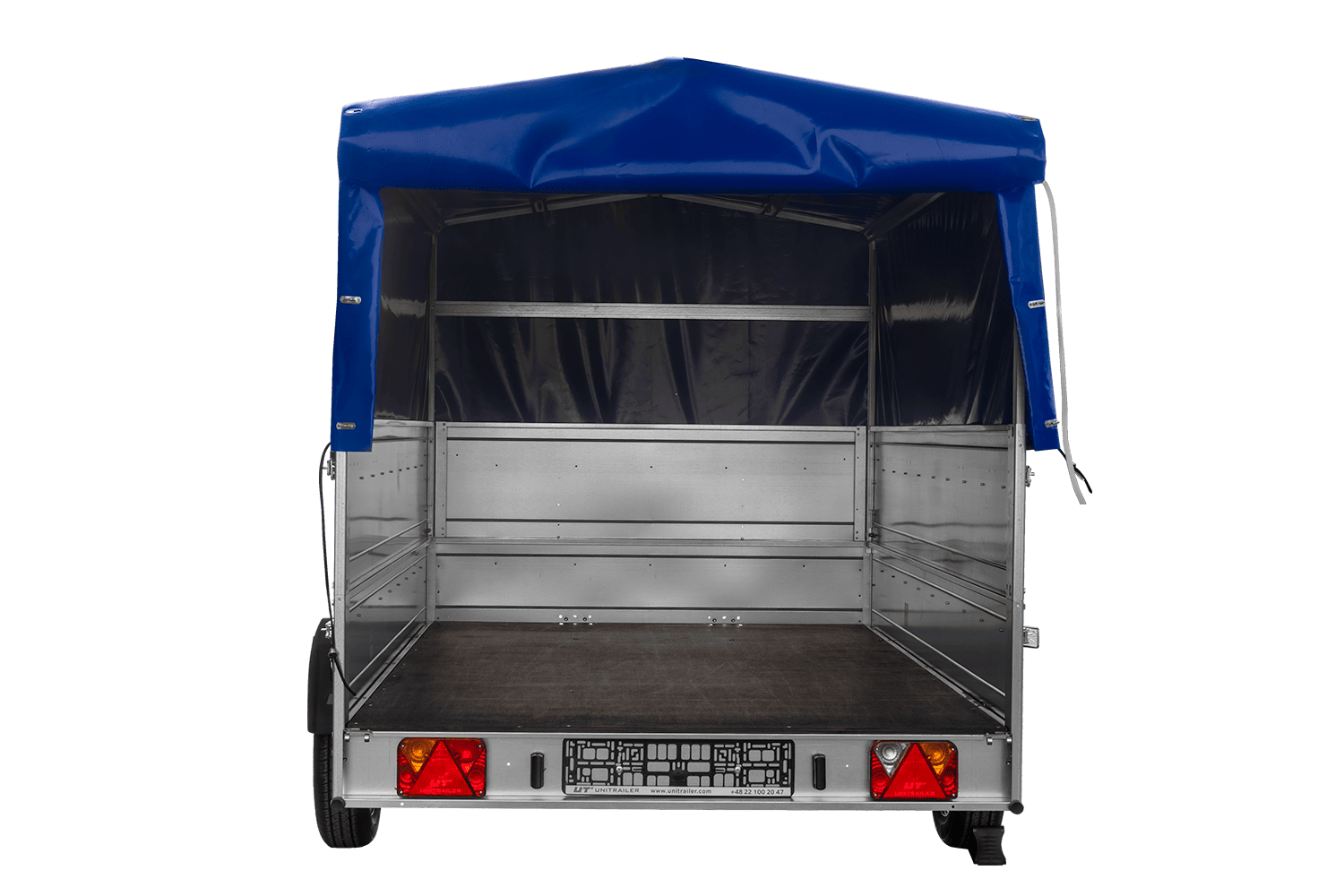 UNITRAILER Garden 265/R KIPP – PKW-Anhänger 264,3 × 149,9 cm – 750 kg – Einachser – mit Blattfederung – 80 cm hohe blaue Plane – Zusatzbordwände: zusätzliche Vollwand-Stahlbordwände – Ansicht 5