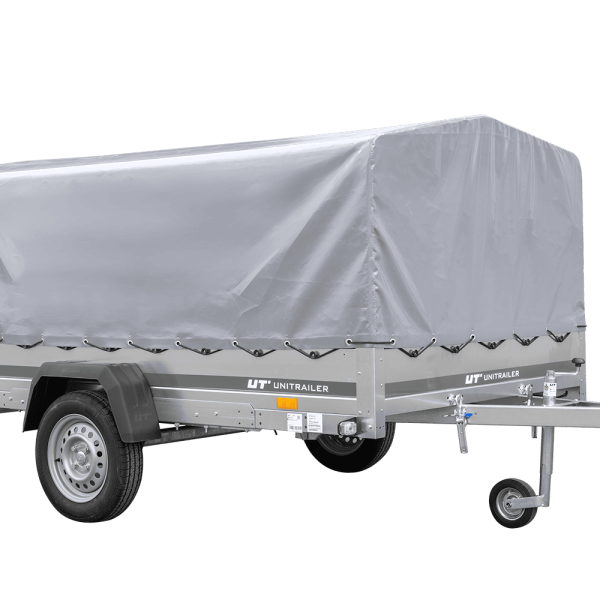 UNITRAILER Garden 265/R KIPP – PKW-Anhänger 264,3 × 149,9 cm – 750 kg – Einachser – mit Blattfederung – 80 cm hohe graue Plane – Ansicht 1
