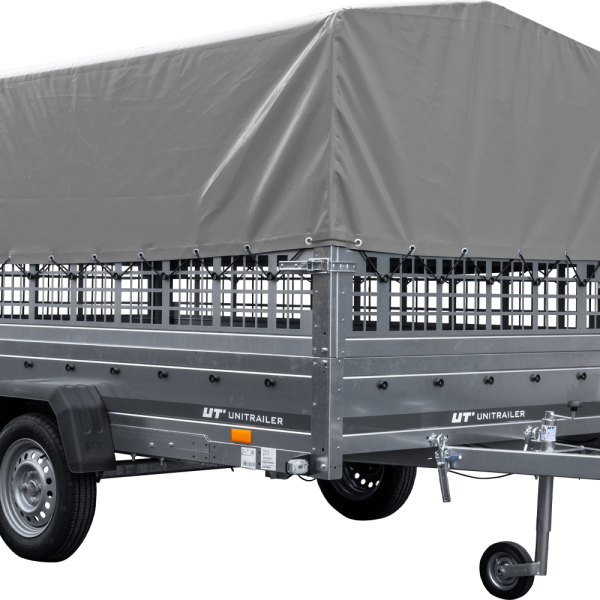 UNITRAILER Garden 265/R KIPP – PKW-Anhänger 264,3 × 149,9 cm – 750 kg – Einachser – mit Blattfederung – 80 cm hohe graue Plane – Zusatzbordwände: Stahlgitterbordwände – Ansicht 1
