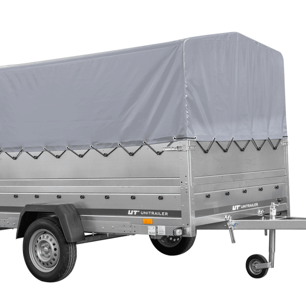 UNITRAILER Garden 265/R KIPP – PKW-Anhänger 264,3 × 149,9 cm – 750 kg – Einachser – mit Blattfederung – 80 cm hohe graue Plane – Zusatzbordwände: zusätzliche Vollwand-Stahlbordwände – Ansicht 1