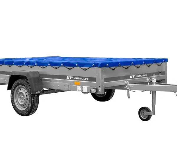 UNITRAILER Garden 265/R KIPP – PKW-Anhänger 264,3 × 149,9 cm – 750 kg – Einachser – mit Blattfederung – flache blaue Plane – mit Flachplanenträger – Ansicht 1