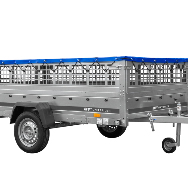UNITRAILER Garden 265/R KIPP – PKW-Anhänger 264,3 × 149,9 cm – 750 kg – Einachser – mit Blattfederung – flache blaue Plane – Zusatzbordwände: Stahlgitterbordwände – mit Flachplanenträger – Ansicht 1