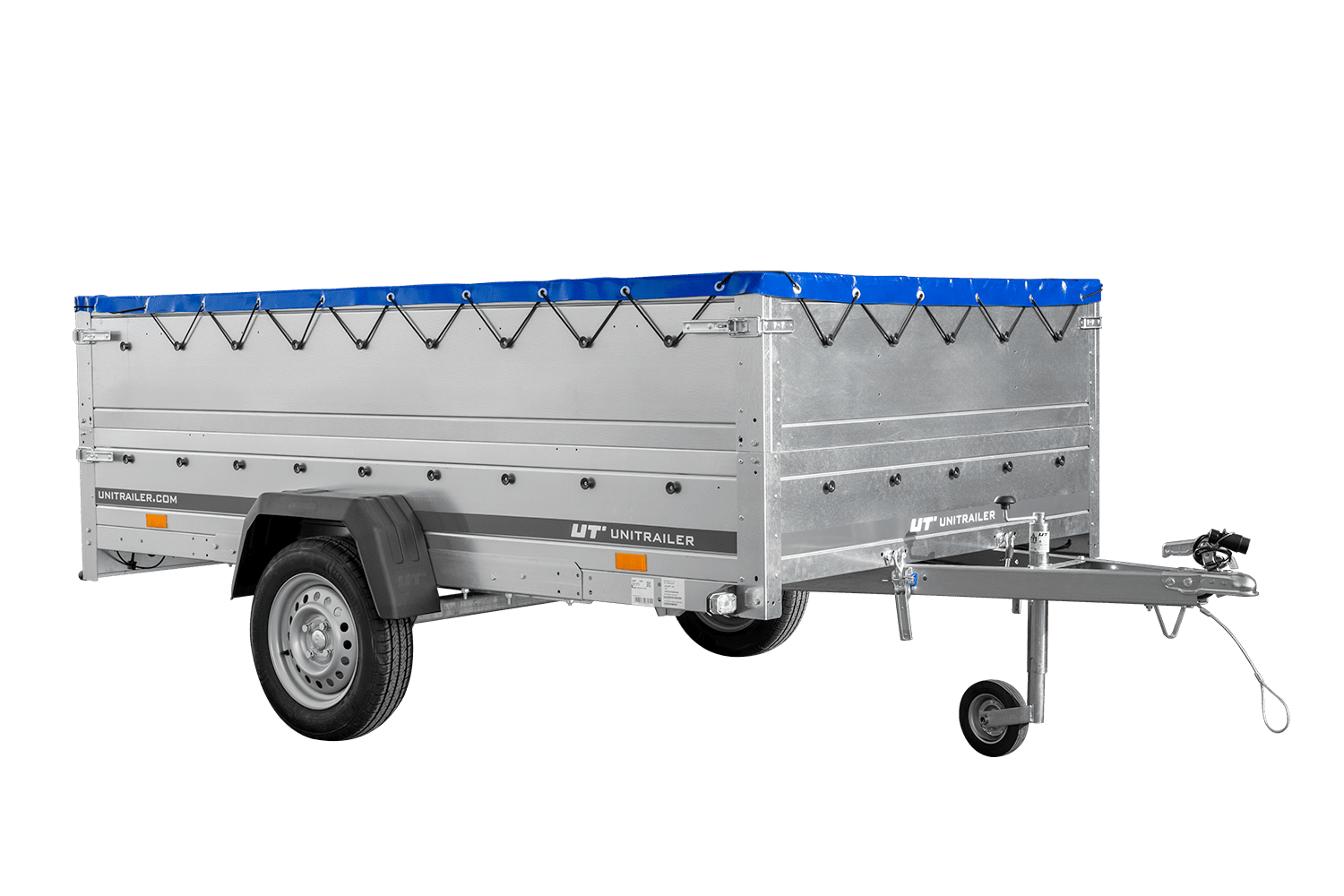 UNITRAILER Garden 265/R KIPP – PKW-Anhänger 264,3 × 149,9 cm – 750 kg – Einachser – mit Blattfederung – flache blaue Plane – Zusatzbordwände: zusätzliche Vollwand-Stahlbordwände – mit Flachplanenträger – Ansicht 1