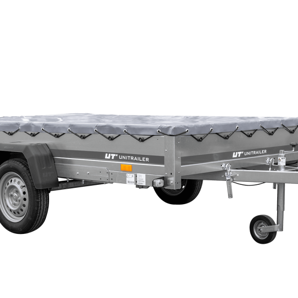 UNITRAILER Garden 265/R KIPP – PKW-Anhänger 264,3 × 149,9 cm – 750 kg – Einachser – mit Blattfederung – flache graue Plane – mit Flachplanenträger – Ansicht 1