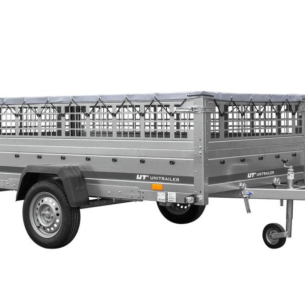 UNITRAILER Garden 265/R KIPP – PKW-Anhänger 264,3 × 149,9 cm – 750 kg – Einachser – mit Blattfederung – flache graue Plane – Zusatzbordwände: Stahlgitterbordwände – mit Flachplanenträger – Ansicht 1