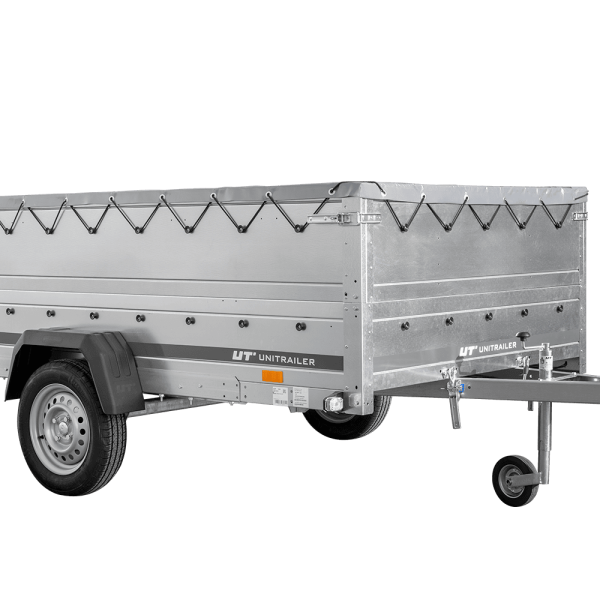 UNITRAILER Garden 265/R KIPP – PKW-Anhänger 264,3 × 149,9 cm – 750 kg – Einachser – mit Blattfederung – flache graue Plane – Zusatzbordwände: zusätzliche Vollwand-Stahlbordwände – mit Flachplanenträger – Ansicht 1