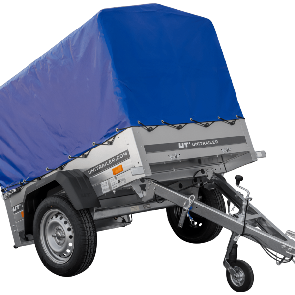 UNITRAILER Garden Trailer 150 Kipp – PKW-Anhänger 147,5 × 106,3 cm – 750 kg – Einachser – 80 cm hohe blaue Plane – Ansicht 1