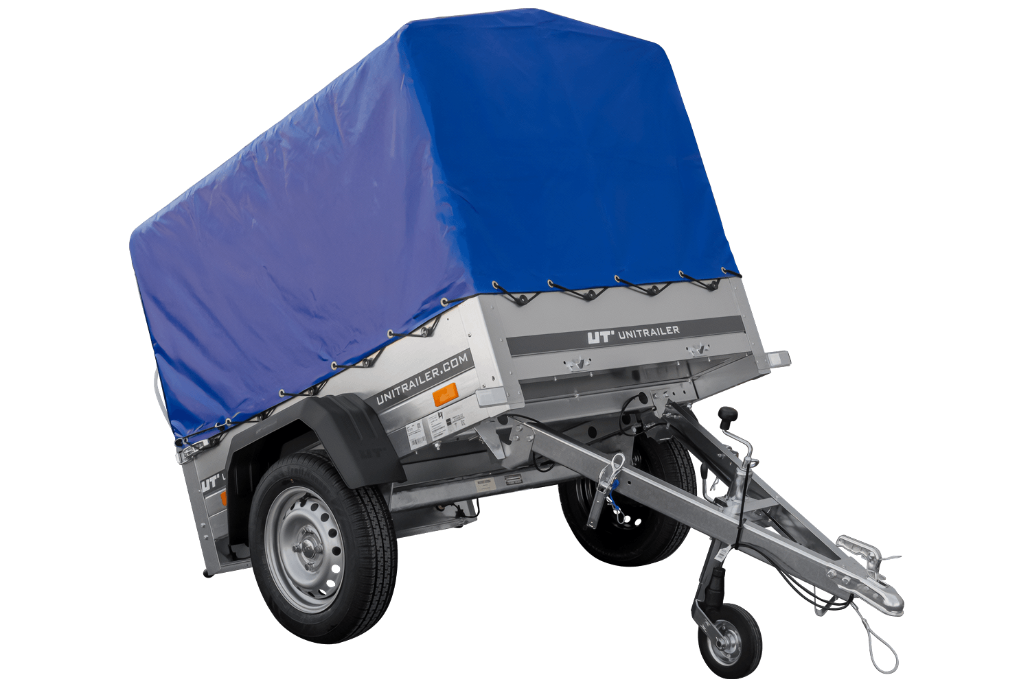 UNITRAILER Garden Trailer 150 Kipp – PKW-Anhänger 147,5 × 106,3 cm – 750 kg – Einachser – 80 cm hohe blaue Plane – Ansicht 1