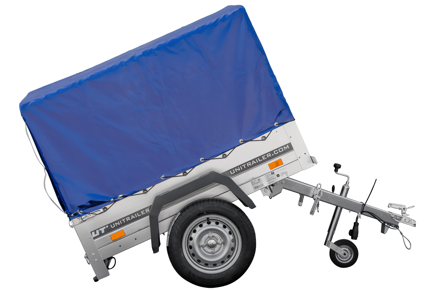 UNITRAILER Garden Trailer 150 Kipp – PKW-Anhänger 147,5 × 106,3 cm – 750 kg – Einachser – 80 cm hohe blaue Plane – Ansicht 4