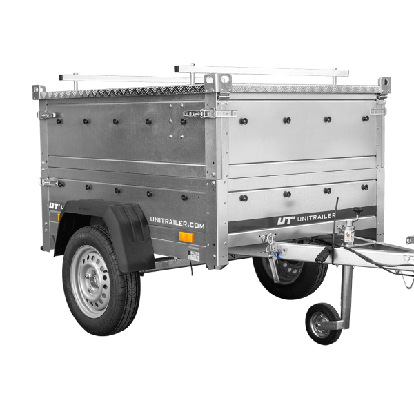 UNITRAILER Garden Trailer 150 Kipp – PKW-Anhänger 147,5 × 106,3 cm – 750 kg – Einachser – Aluminiumhaube – Zusatzbordwände: zusätzliche Vollwand-Stahlbordwände – Ansicht 1