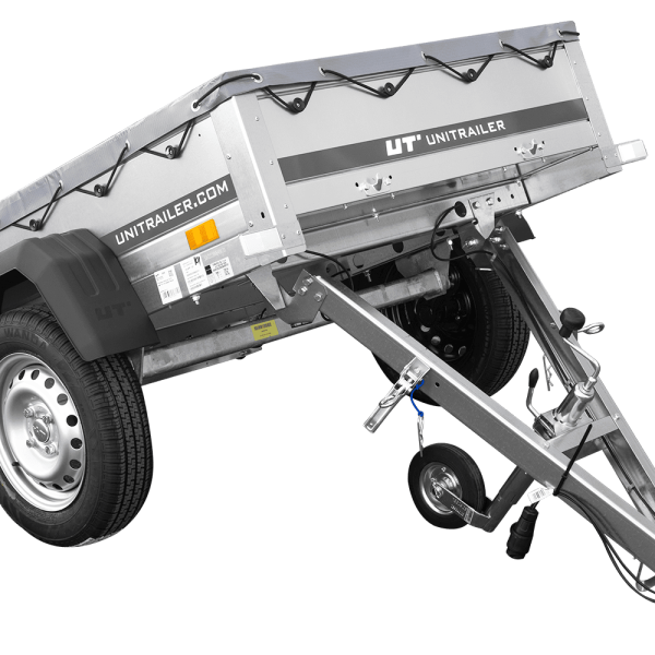 UNITRAILER Garden Trailer 150 Kipp – PKW-Anhänger 147,5 × 106,3 cm – 750 kg – Einachser – flache graue Plane – Ansicht 1