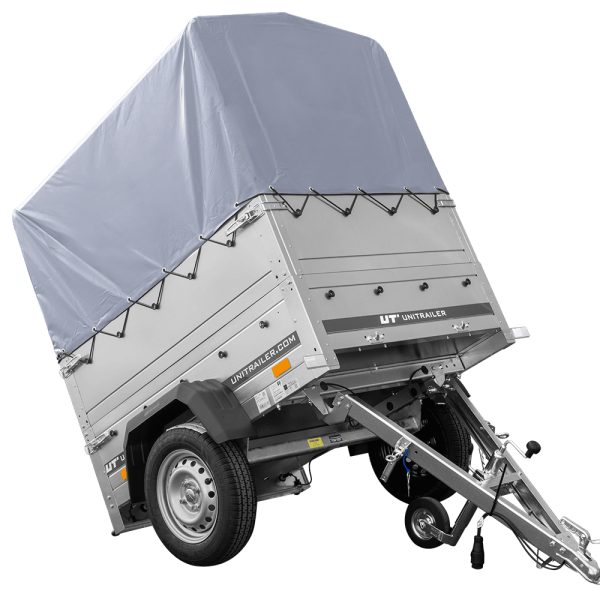 UNITRAILER Garden Trailer 150 Kipp – PKW-Anhänger 147,5 × 106,3 cm – 750 kg – Einachser – 80 cm hohe graue Plane – Zusatzbordwände: zusätzliche Vollwand-Stahlbordwände – inklusive Stützrad – Ansicht 1