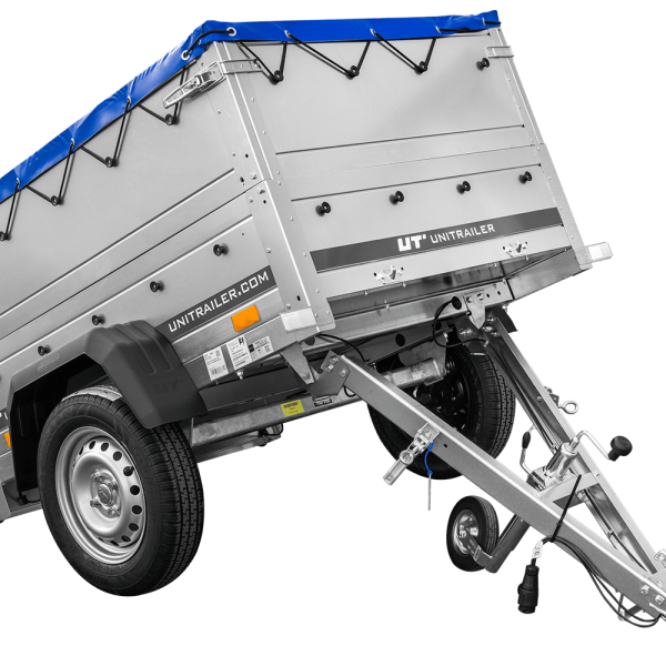 UNITRAILER Garden Trailer 150 Kipp – PKW-Anhänger 147,5 × 106,3 cm – 750 kg – Einachser – blaue Flachplane – Zusatzbordwände: zusätzliche Vollwand-Stahlbordwände – inklusive Stützrad – Ansicht 1
