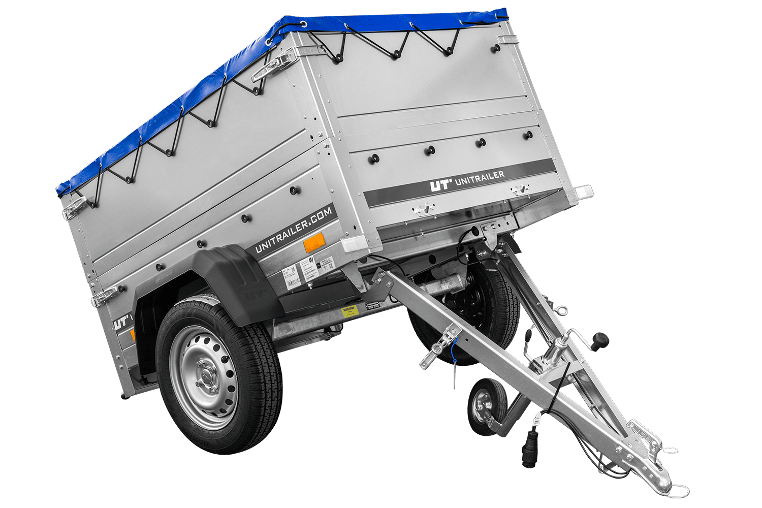 UNITRAILER Garden Trailer 150 Kipp – PKW-Anhänger 147,5 × 106,3 cm – 750 kg – Einachser – blaue Flachplane – Zusatzbordwände: zusätzliche Vollwand-Stahlbordwände – inklusive Stützrad – Ansicht 1