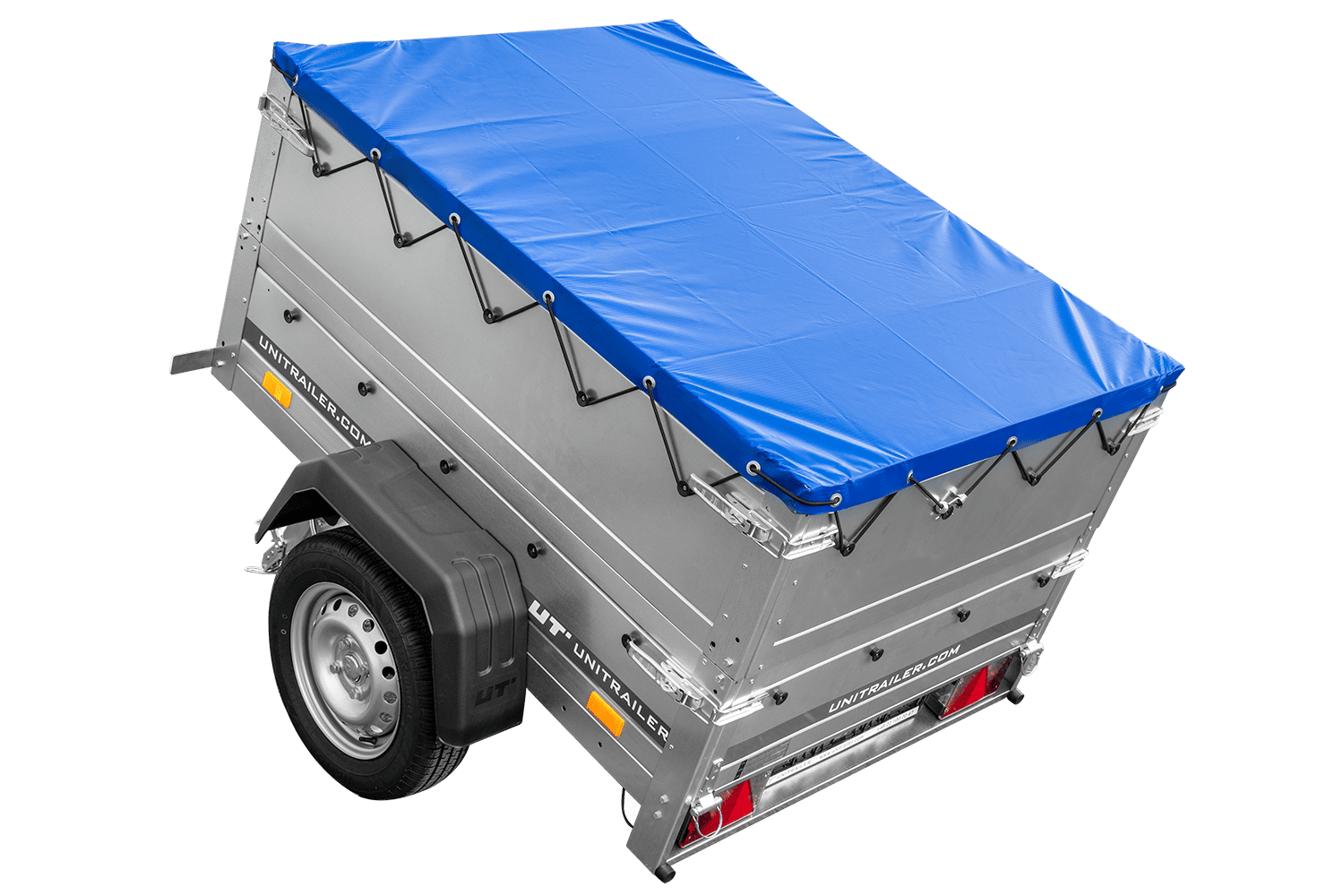 UNITRAILER Garden Trailer 150 Kipp – PKW-Anhänger 147,5 × 106,3 cm – 750 kg – Einachser – blaue Flachplane – Zusatzbordwände: zusätzliche Vollwand-Stahlbordwände – inklusive Stützrad – Ansicht 3