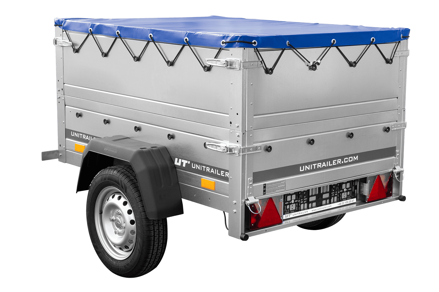 UNITRAILER Garden Trailer 150 Kipp – PKW-Anhänger 147,5 × 106,3 cm – 750 kg – Einachser – blaue Flachplane – Zusatzbordwände: zusätzliche Vollwand-Stahlbordwände – inklusive Stützrad – Ansicht 4