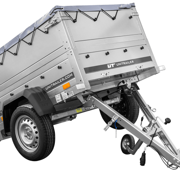 UNITRAILER Garden Trailer 150 Kipp – PKW-Anhänger 147,5 × 106,3 cm – 750 kg – Einachser – graue Flachplane – Zusatzbordwände: zusätzliche Vollwand-Stahlbordwände – inklusive Stützrad – Ansicht 1