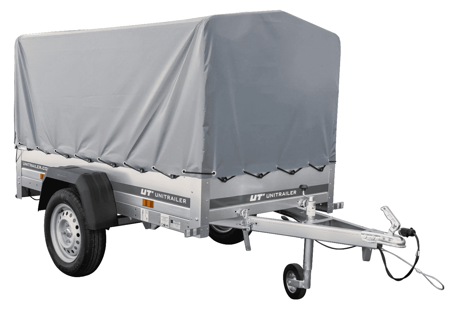 UNITRAILER Garden Trailer 200 Kipp – PKW-Anhänger 200,6 × 106,3 cm – 750 kg – Einachser – 80 cm hohe graue Plane – Ansicht 1