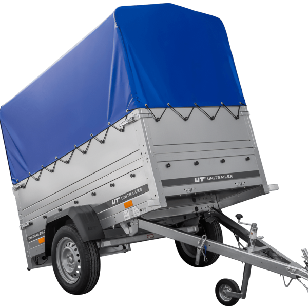 UNITRAILER Garden Trailer 200 Kipp – PKW-Anhänger 200,6 × 106,3 cm – 750 kg – Einachser – 80 cm hohe blaue Plane – Zusatzbordwände: zusätzliche Vollwand-Stahlbordwände – Ansicht 1