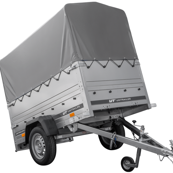 UNITRAILER Garden Trailer 200 Kipp – PKW-Anhänger 200,6 × 106,3 cm – 750 kg – Einachser – 80 cm hohe graue Plane – Zusatzbordwände: zusätzliche Vollwand-Stahlbordwände – Ansicht 1