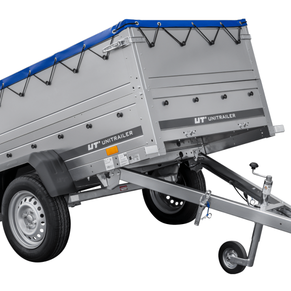 UNITRAILER Garden Trailer 200 Kipp – PKW-Anhänger 200,6 × 106,3 cm – 750 kg – Einachser – flache blaue Plane – Zusatzbordwände: zusätzliche Vollwand-Stahlbordwände – mit Flachplanenträger – Ansicht 1