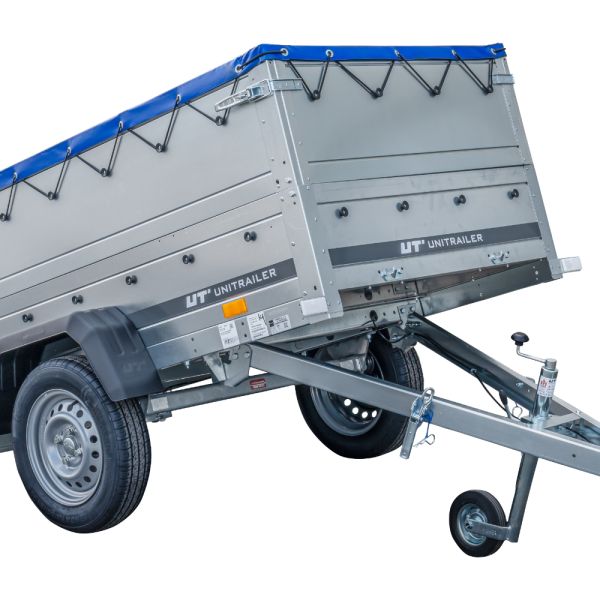 UNITRAILER Garden Trailer 200 Kipp – PKW-Anhänger 200,6 × 106,3 cm – 750 kg – Einachser – flache blaue Plane – Zusatzbordwände: zusätzliche Vollwand-Stahlbordwände – Ansicht 1