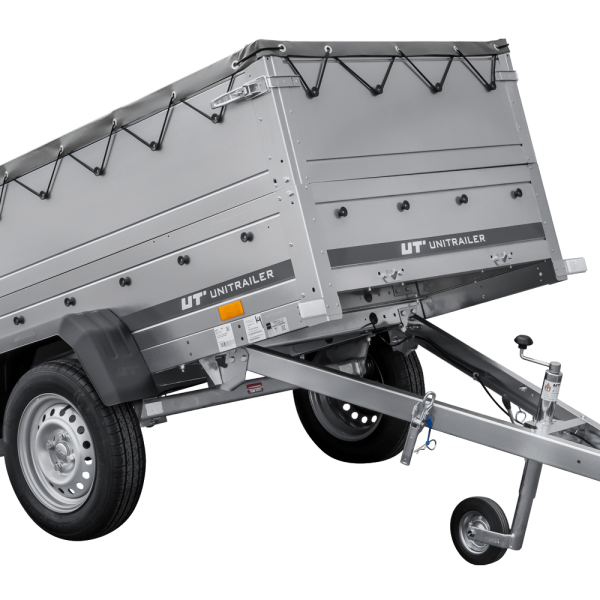 UNITRAILER Garden Trailer 200 Kipp – PKW-Anhänger 200,6 × 106,3 cm – 750 kg – Einachser – flache graue Plane – Zusatzbordwände: zusätzliche Vollwand-Stahlbordwände – mit Flachplanenträger – Ansicht 1