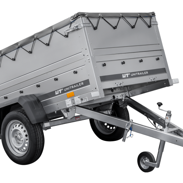 UNITRAILER Garden Trailer 200 Kipp – PKW-Anhänger 200,6 × 106,3 cm – 750 kg – Einachser – flache graue Plane – Zusatzbordwände: zusätzliche Vollwand-Stahlbordwände – Ansicht 1